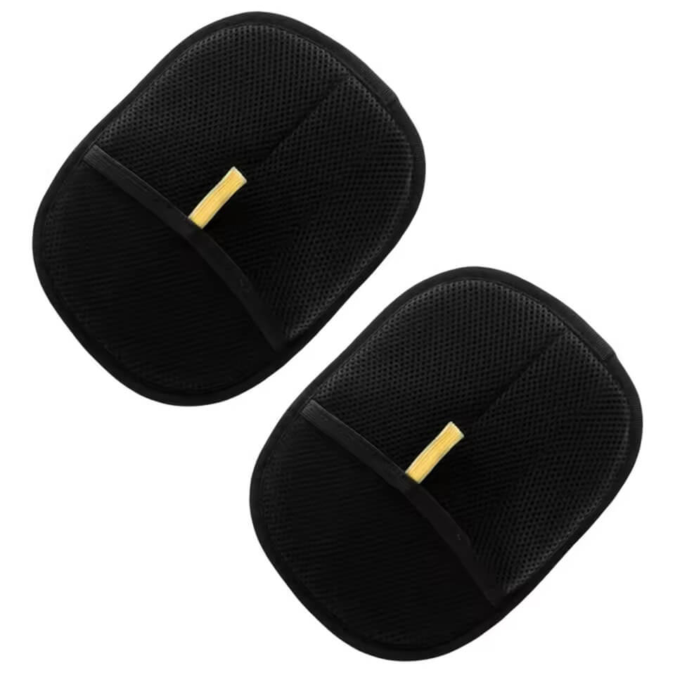 Two black mesh pet hair remover with gold accents on a white background
